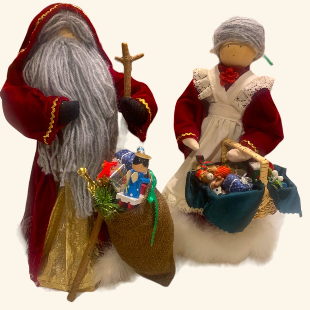 Vintage Santa & Mrs Claus handmade figures Velvet Clothes Feather Trim Toys 15”